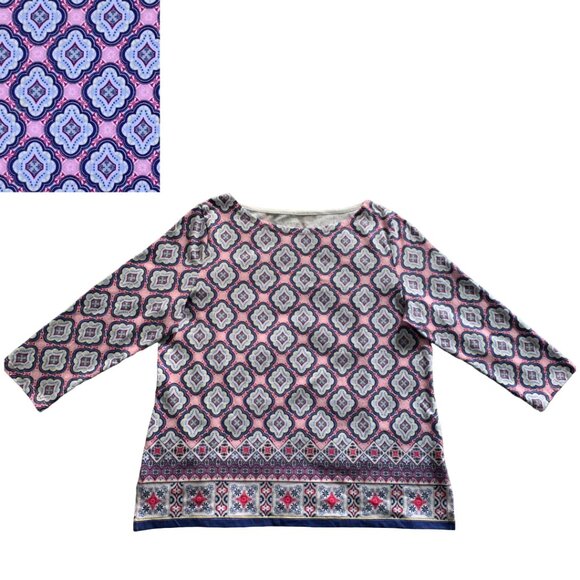 TALBOTS Womens' Pink 3/4 Sleeve Bateau Mixed Print Medallion Tee Sz Petite Large - Picture 1 of 6